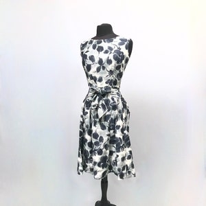 1950s soft cotton Black and white Floral dress with sash Bow for front or back / Prom dress / evening dress / summer dress