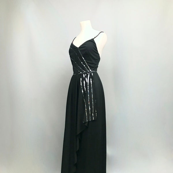 1970s Black maxi cocktail dress with silver sequin detailing By Ronald Joyce