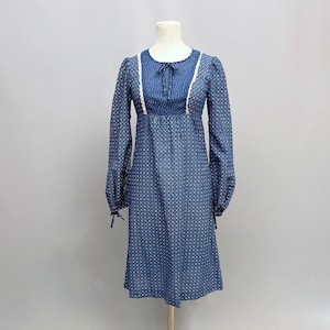 1970s  Blue and white Wallis Prairie dress in ditsy print