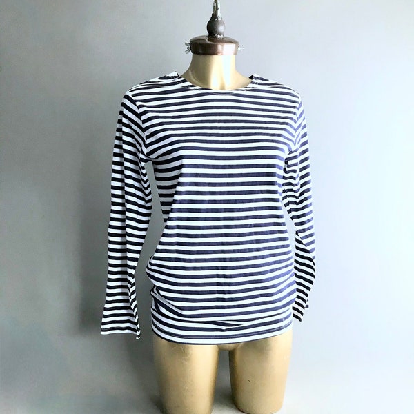 Navy Blue and White 100% cotton Breton long sleeve T- shirts - unisex - army surplus - Russian navy