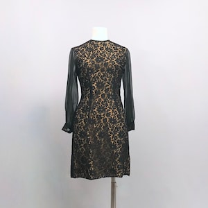 1960s Black Floral Lace dress over a gold lining  with sheer chiffon sleeves / Handmade dress / wiggle dress