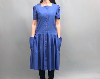 Cute 1980s Dress by Horrockses Fashions with Pockets / button up top / pleated skirt