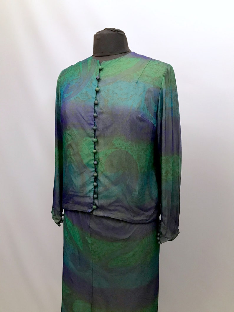 Amazing 1950s silk chiffon two piece skirt and blouse image 4