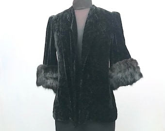 1940s Velvet Bolero Jacket with Fur Trim Cuffs, Gold Thread Pattern - Size 8-10