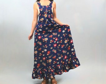 1970s Floral Polka Dot Cotton Maxi Dress, Handmade