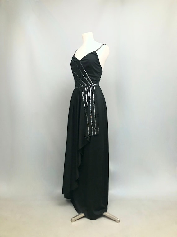1970s evening dresses 1970s 80s Black Embroidered Ruffle Neckline Evening Gown main image 0