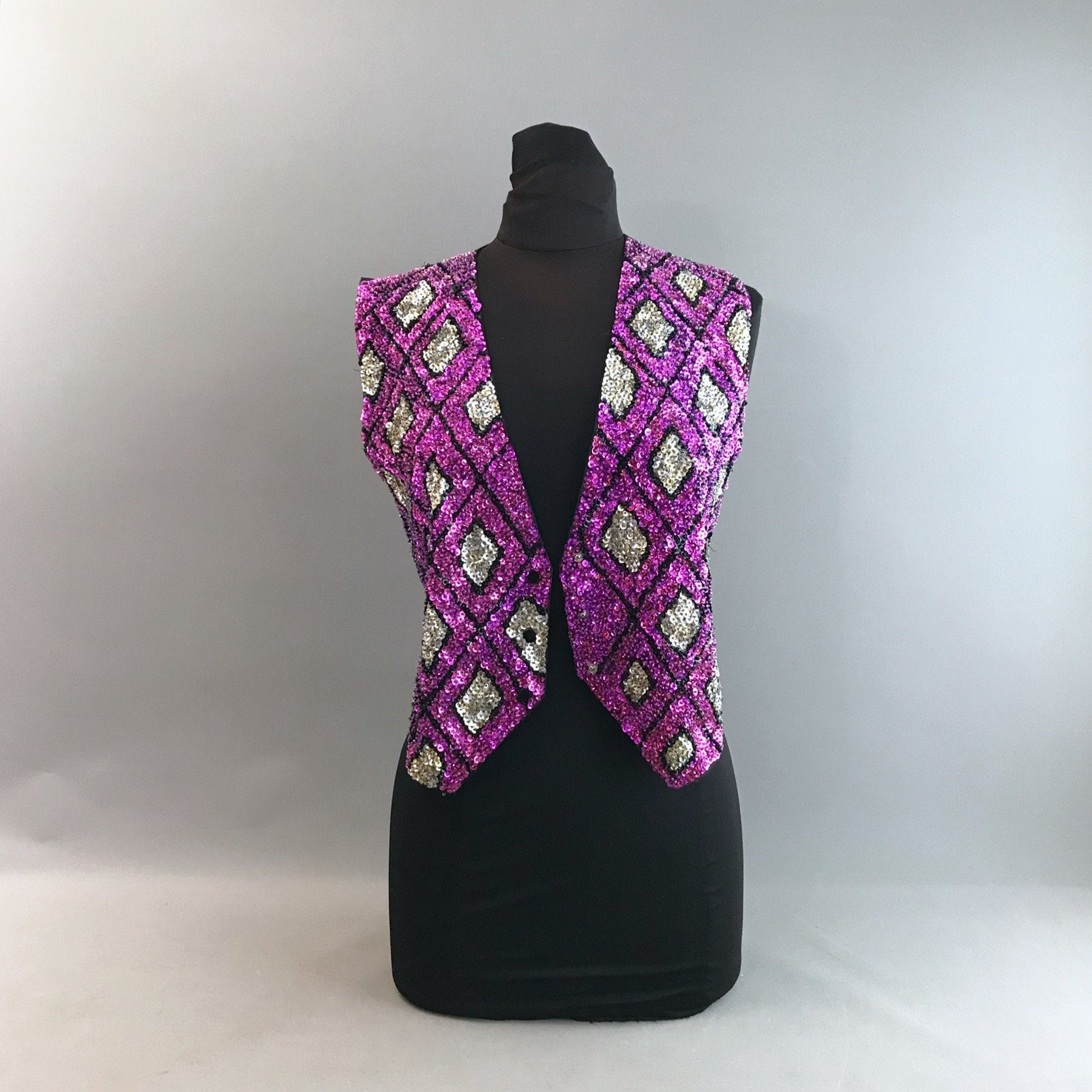 Image of S Pink & Silver Sequin Waistcoat/Vest - Black Satin Lining Back- Size Uk