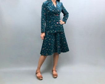 1970s Teal blue velvet 2 piece suit - skirt and jacket with floral print