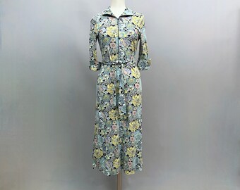 1990s Floral Jersey Dress, Zip Front Belted Tea Dress (Size 10 UK)