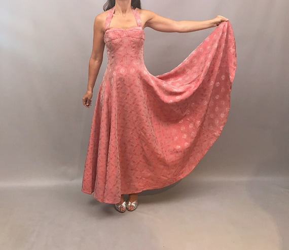 1950s Pink jacquard halter neck gown made by Blane