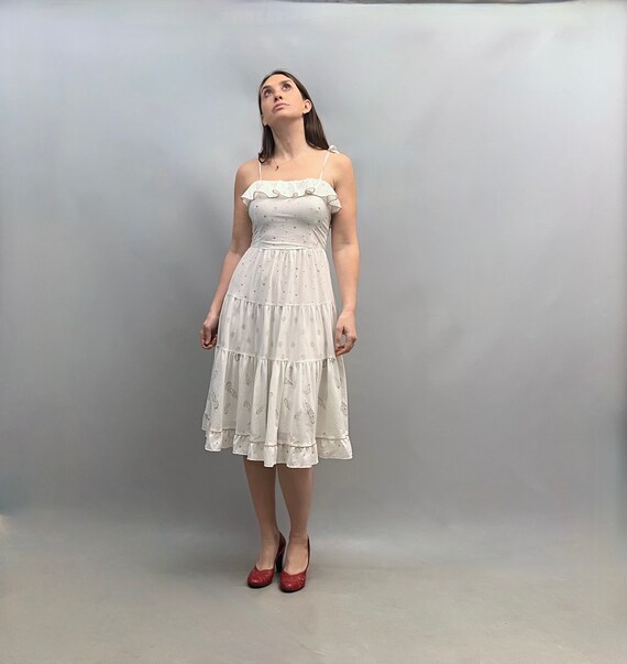 1970s white with gold print pattern summer dress adjustable straps