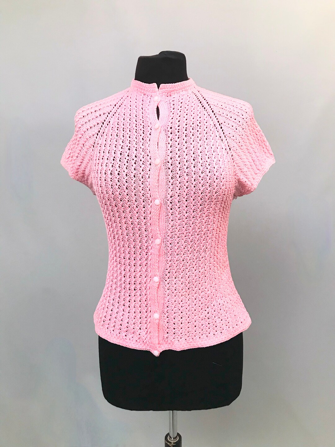 1960s Handmade Knitted Pink Cotton Short Sleeve Cardigan Top