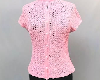 1960s handmade knitted pink cotton short sleeve cardigan top