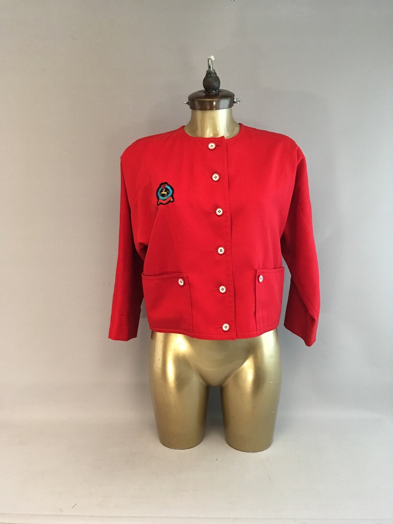 Image of Cute Vintage Red Cropped Jacket With Embroidered Patch & Front Pockets