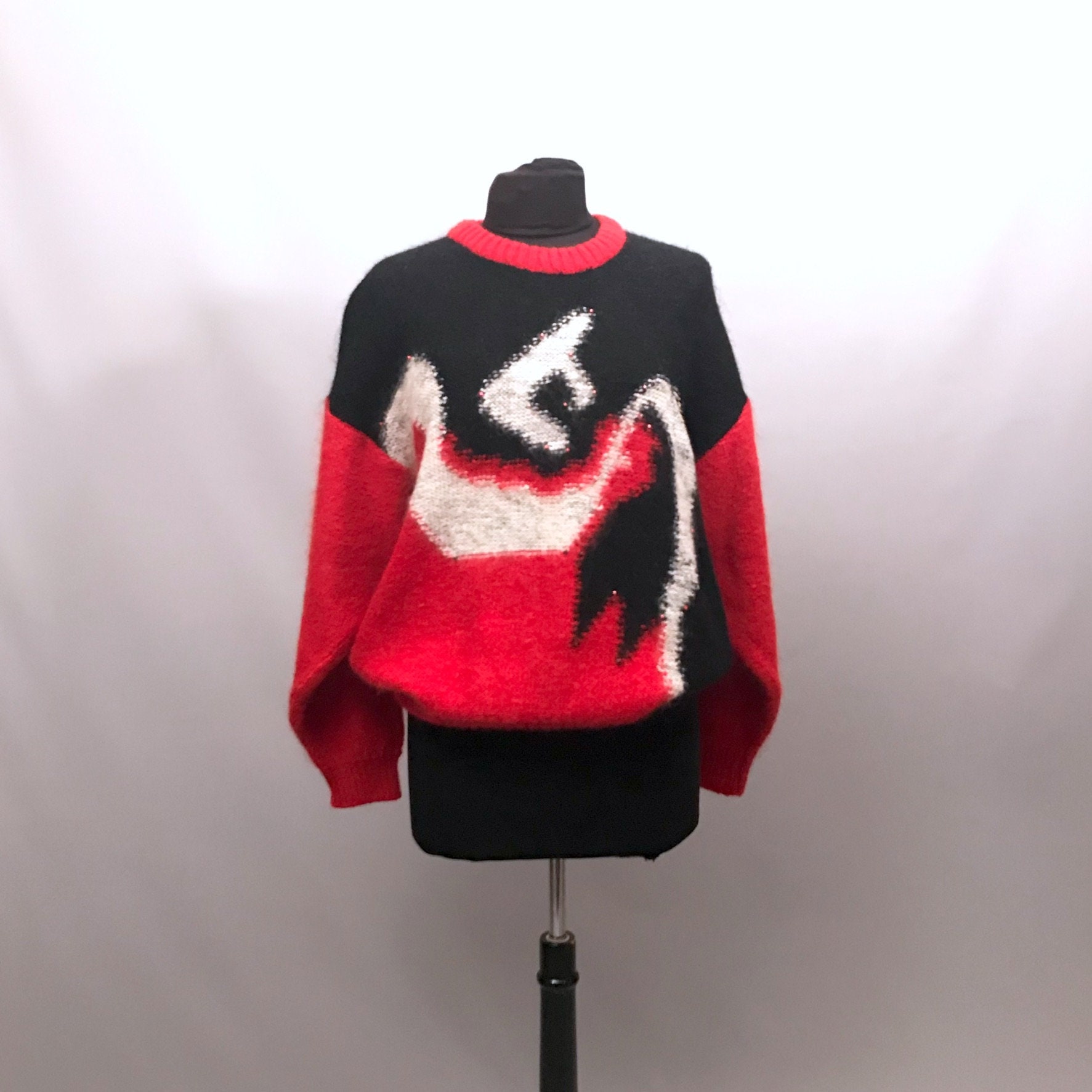 Image of S Red, Black & White Fluffy Mohair Jumper With Beaded Detail