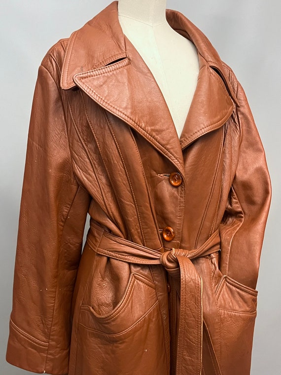 1970s Brown Leather trench coat with belt - image 2