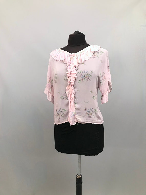 1930s / 1940s handmade Pink crepe chiffon frilly f