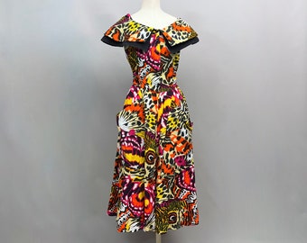 1980s Soft Cotton Butterfly Print Dress With Cape Collar