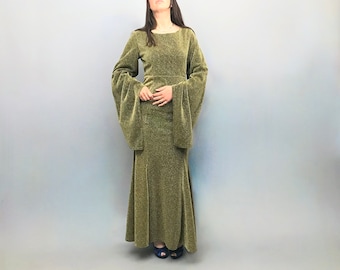 1970s handmade Gold Maxi dress with amazing extra long sleeves / medieval dress/ Stage Dress