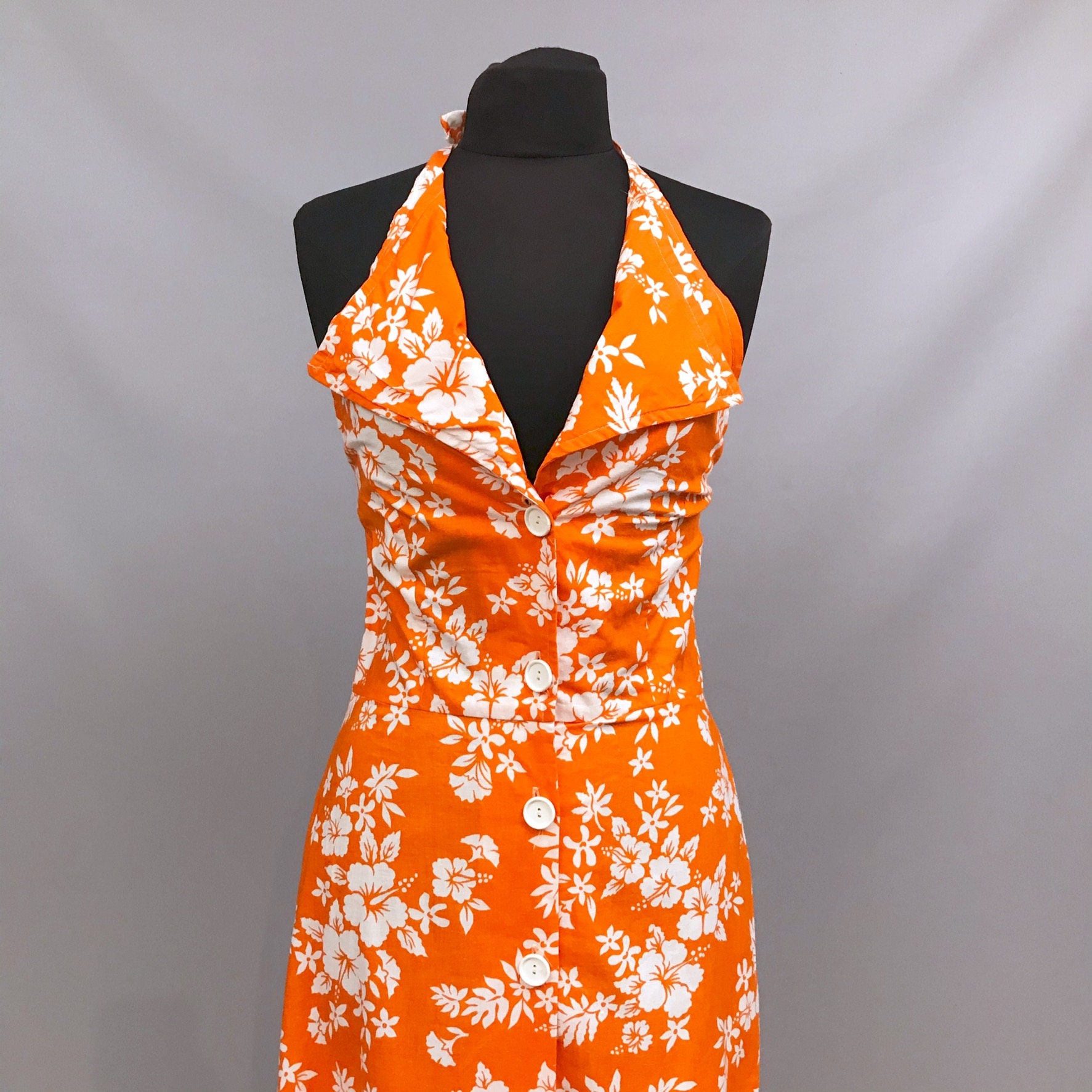halter neck hawaiian dress 1970s Handmade Orange Cotton With Hawaii White Floral Print Gown