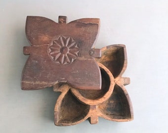 Antique Indian Hand Carved wooden spice Box with swivel lid