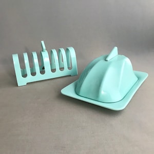 1950s Early Plastic Duck egg Blue Toast Rack and Butter Dish Made by Dome Products