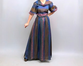 Robe longue en mousseline de soie Vera Mont des années 1970 à manches bouffantes
