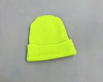 Bright Neon Acid yellow / green  Acrylic knitted beanie hat