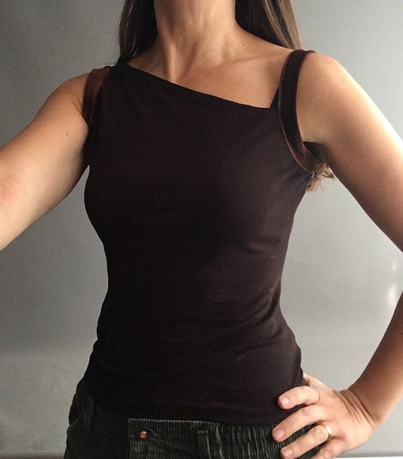 1990s asymmetric Brown crepe Biba vest top with v