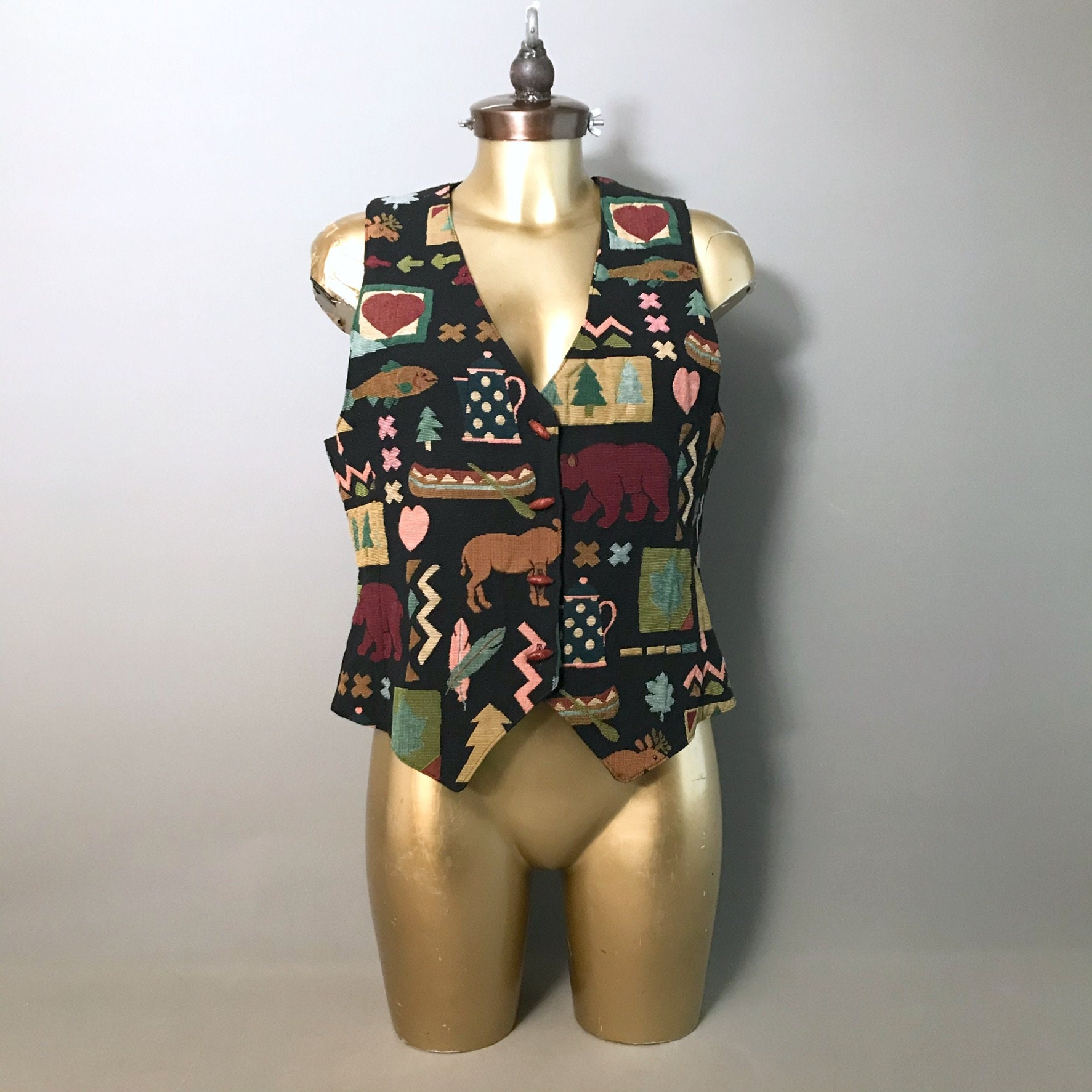 Image of S Tapestry Waistcoat Vest With Canadian Scenes Animals