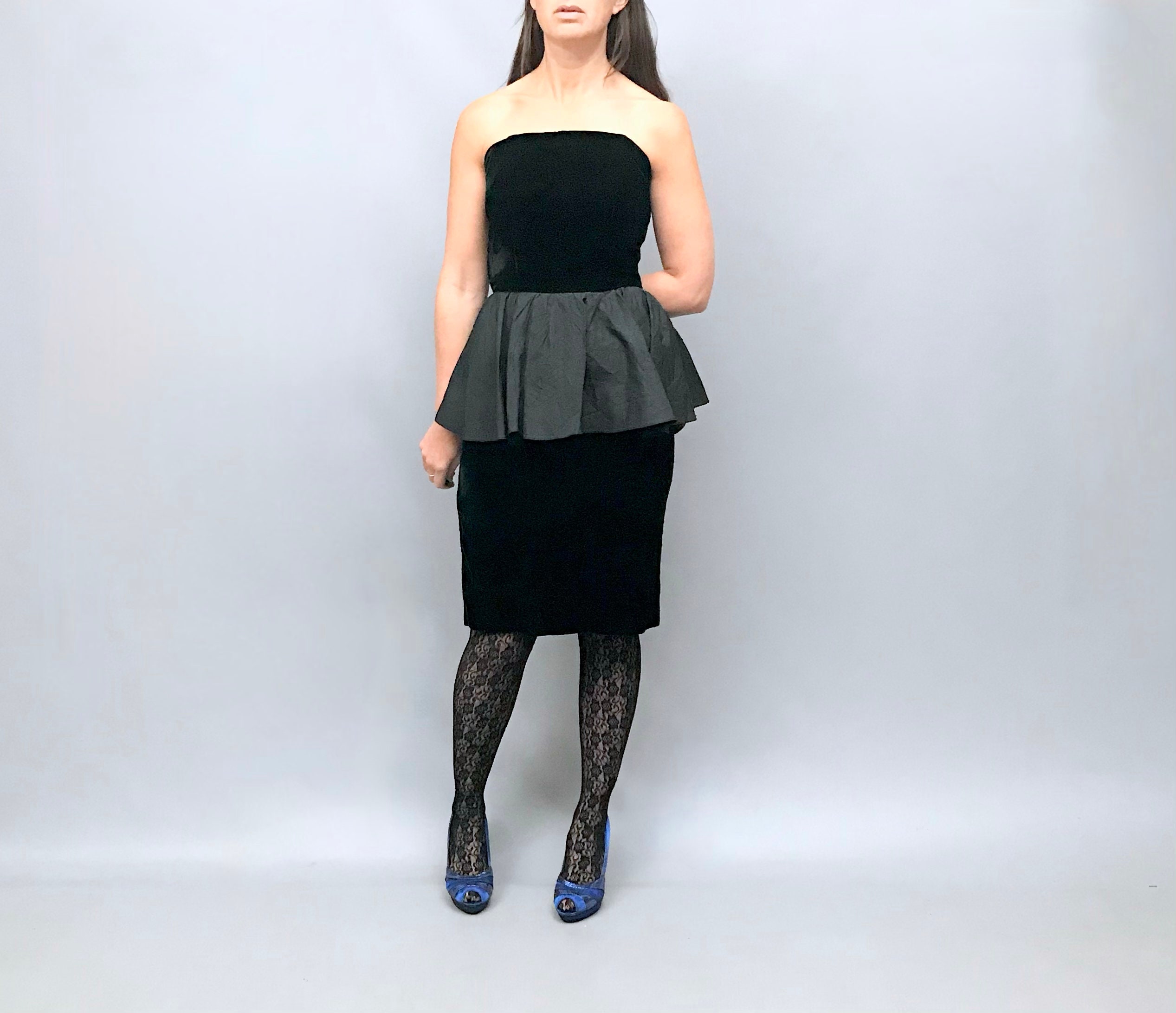 Image of Cute S Black Velvet Party Dress With Peplum Bustle