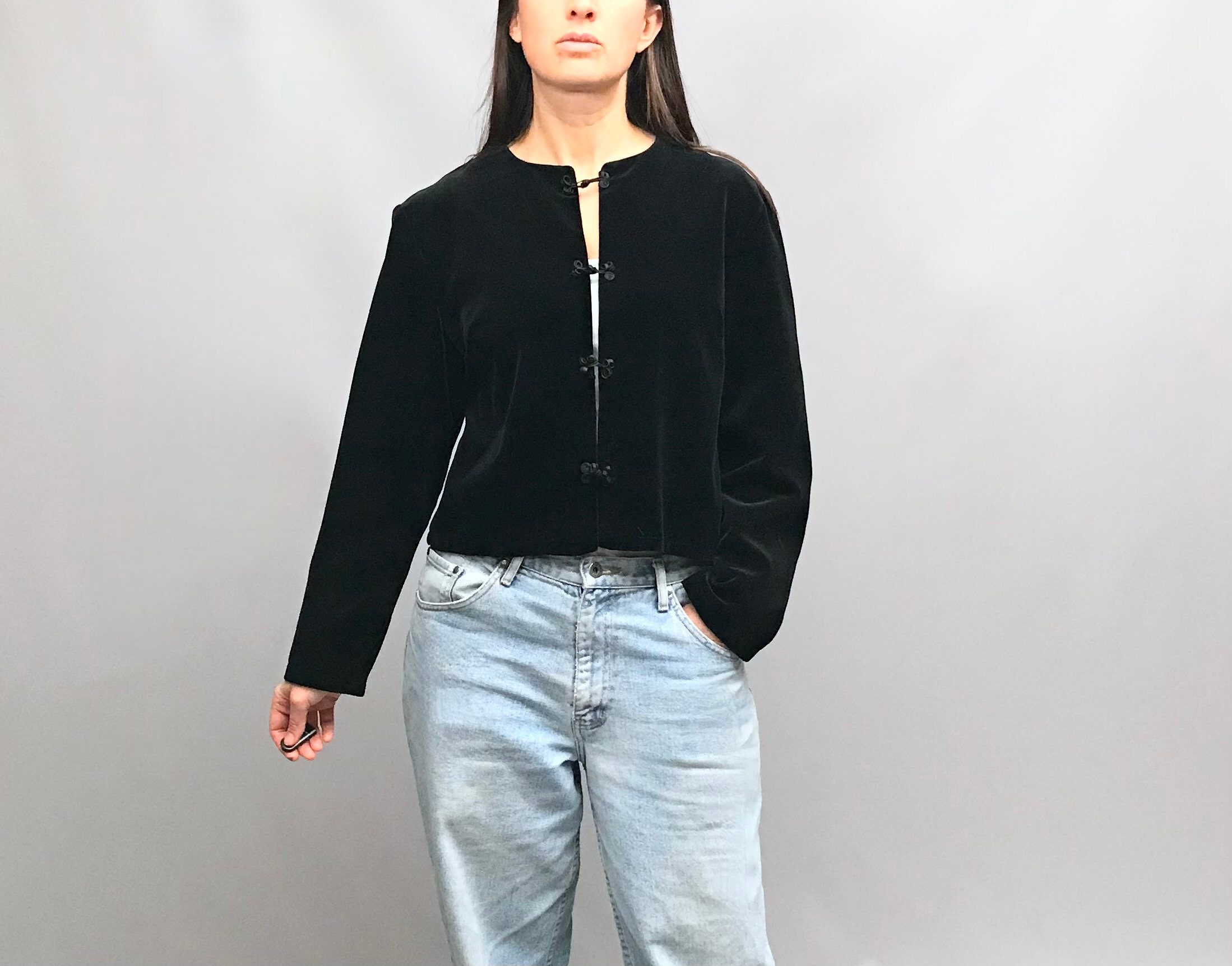 1980s Black Velvet Cropped Mandarin Style Jacket 100% Cotton