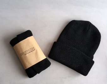 100% Wolle Schwarz Beanie Mütze Unisex Einheitsgröße