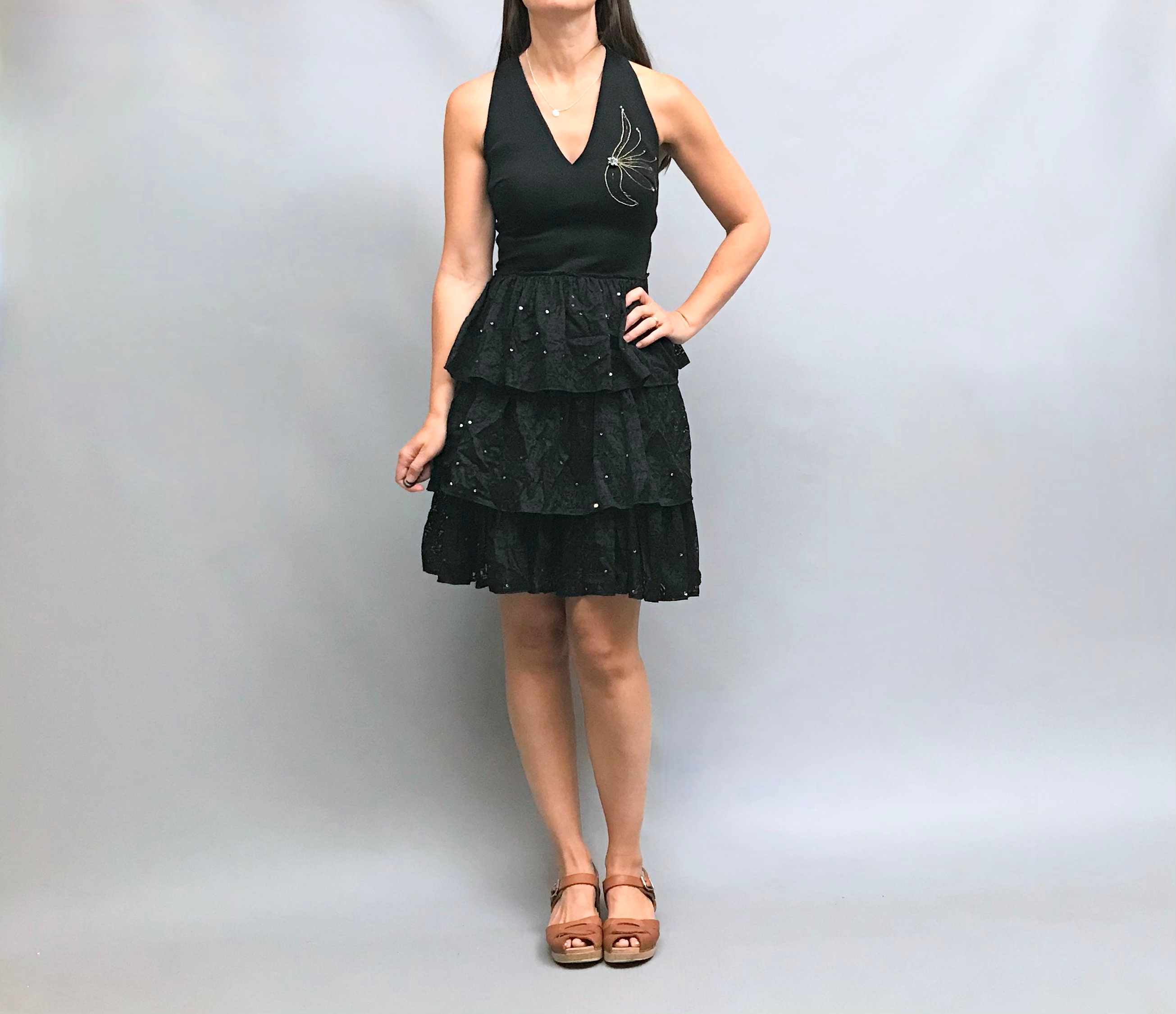 Image of S Black Mini Ra Ruffle Dress With Sequins & Gold Embroidery Detail