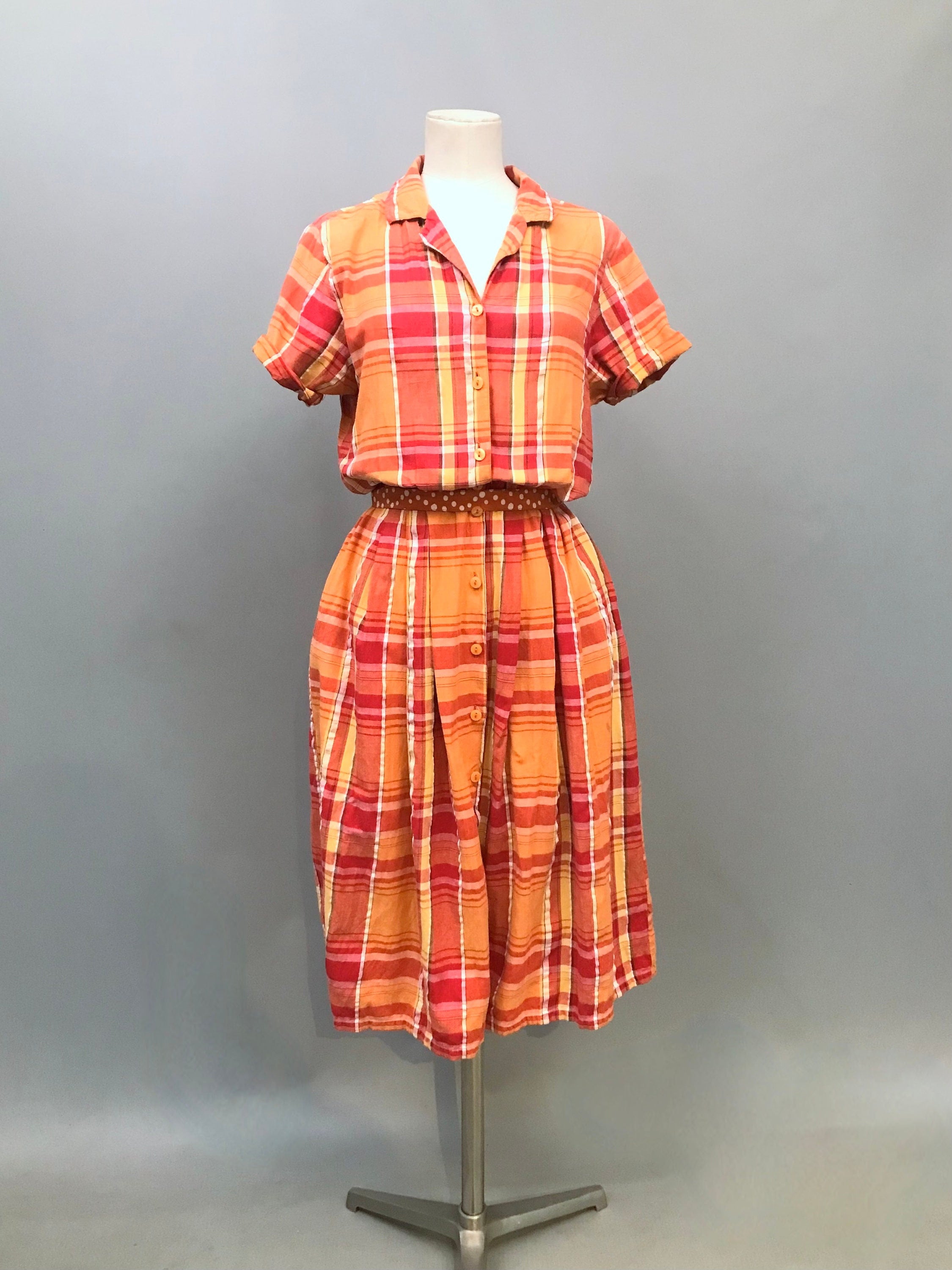 checkered orange dress Orange & White Checkered Hi-Lo V-Neck Dress With Side Slit