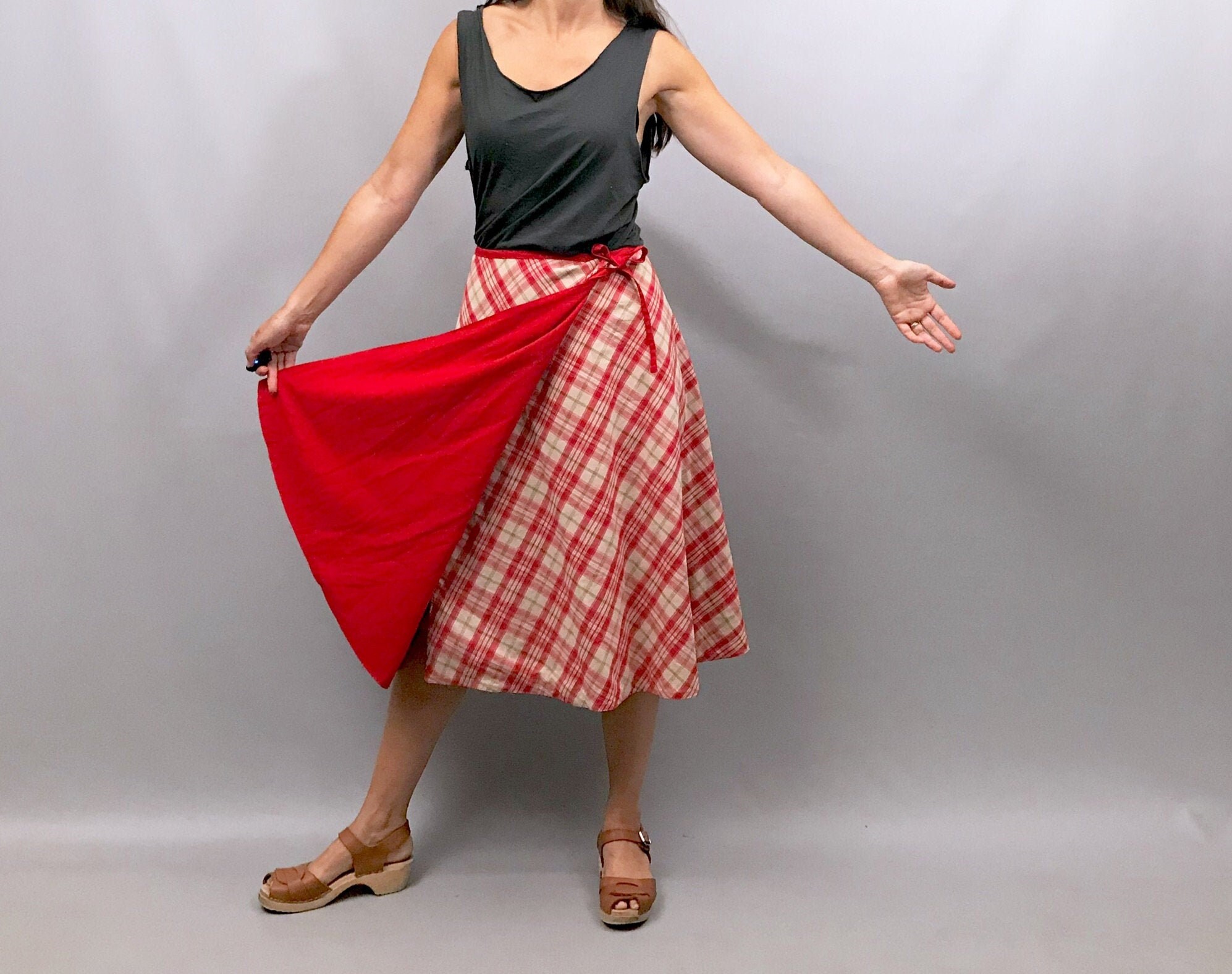 Image of S Reversible Wrap Skirt - Red Or Plaid High Waisted