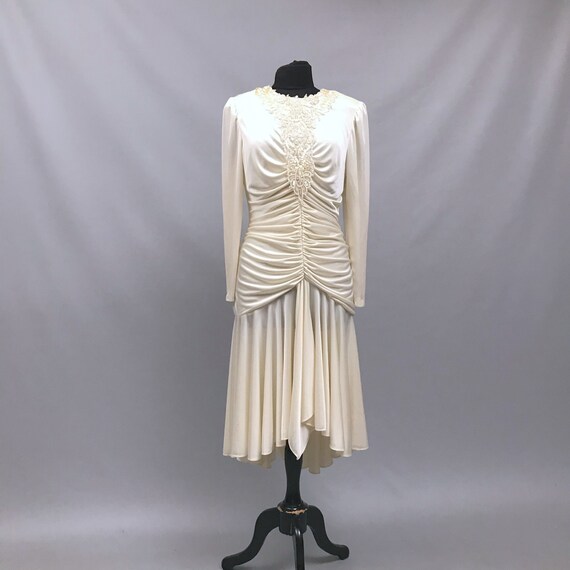 1980s cream ruched gown with sequins / party dress