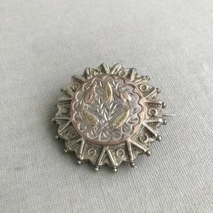 Victorian gilt metal multi coloured Circular Mourning Brooch with floral design