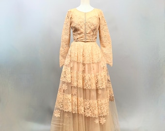 1950s Pink Lace Ball Gown with Bolero Jacket, Couture Wedding Dress