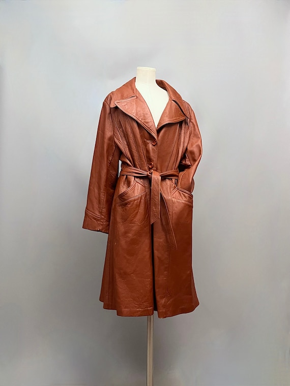 1970s Brown Leather trench coat with belt - image 1