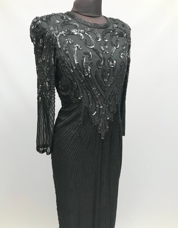 Incredible 1980s Black Silk Sequin and beaded  dr… - image 6