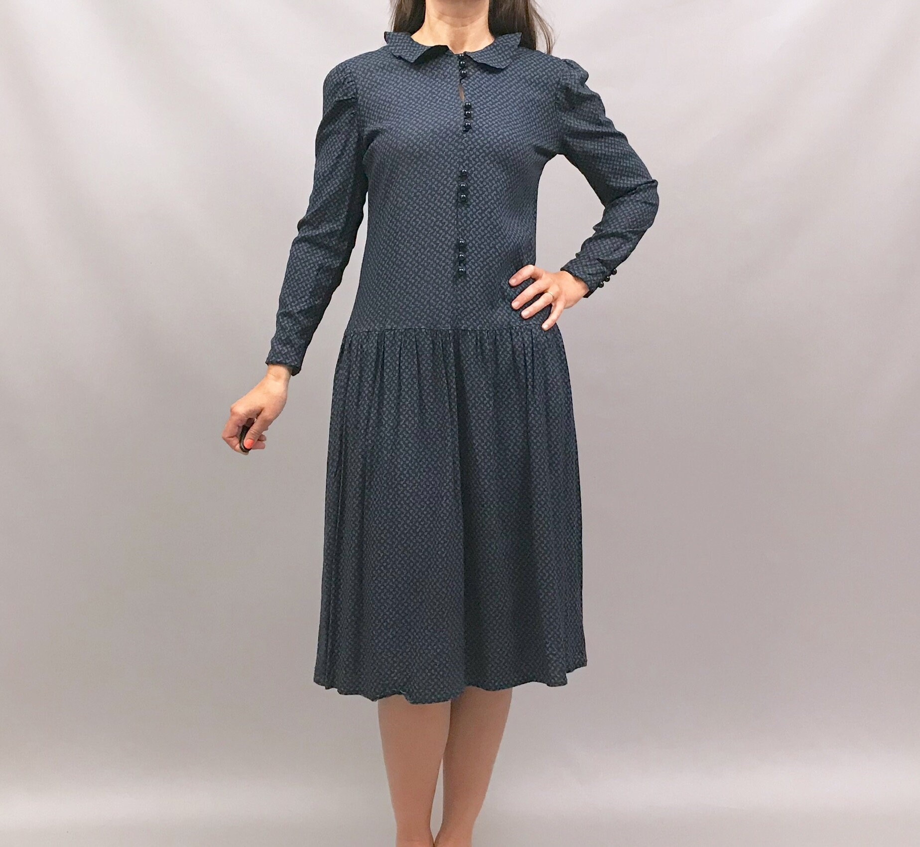 Image of Cute S Blue On Black Ditsy Print Floral Dress With Drop Waist