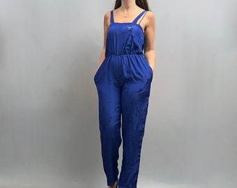 1970s early 80s silky blue jumpsuit / Disco outfit