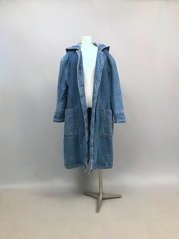 1980s Denim Duffle / parka coat with hood and Patc