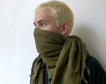 Hand Dyed Olive Green Cotton Scarf: Travel Towel, Face Mask