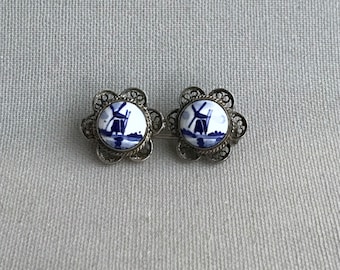 Moinho duplo Delftware Broche com filigrana de prata
