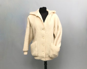 1970s  Pure Wool cream hooded button up jumper / jacket made by Hilda Ltd an Icelandic brand