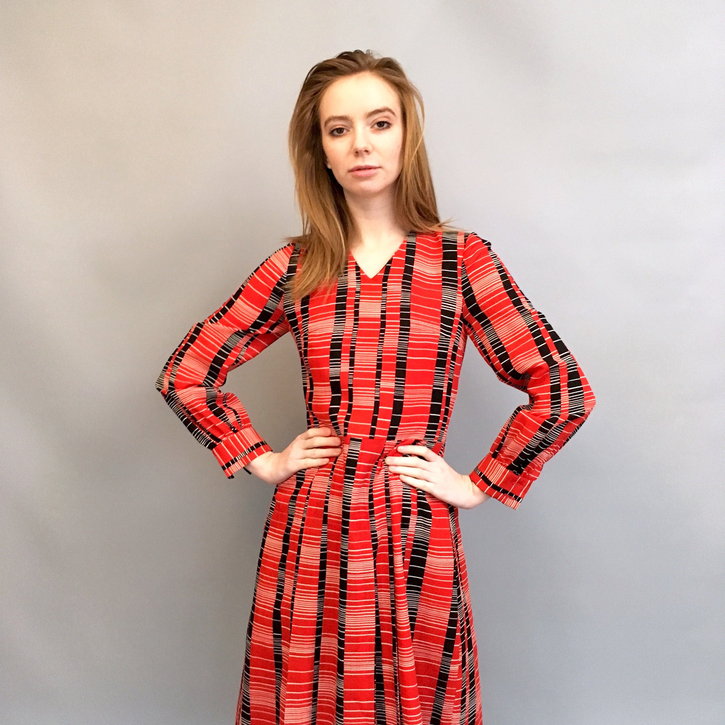 Image of S Red Dress With Pleated Skirt & Black White Stripe Print Size