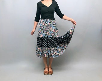 1970s  patchwork floral peasant skirt in a lovely soft cotton adjustable waist