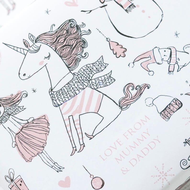 May include: A white background with a pink and white unicorn wearing a pink and white scarf. The unicorn has a pink mane and tail. The text "Love from Mummy & Daddy" is written in pink on the bottom right corner of the image.